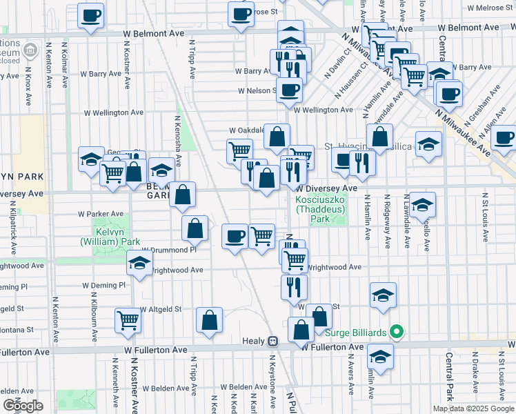 map of restaurants, bars, coffee shops, grocery stores, and more near 4050 West Parker Avenue in Chicago