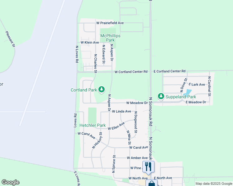 map of restaurants, bars, coffee shops, grocery stores, and more near 322 North Aspen Drive in Cortland
