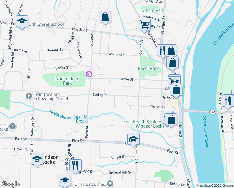 map of restaurants, bars, coffee shops, grocery stores, and more near 105 Spring Street in Windsor Locks