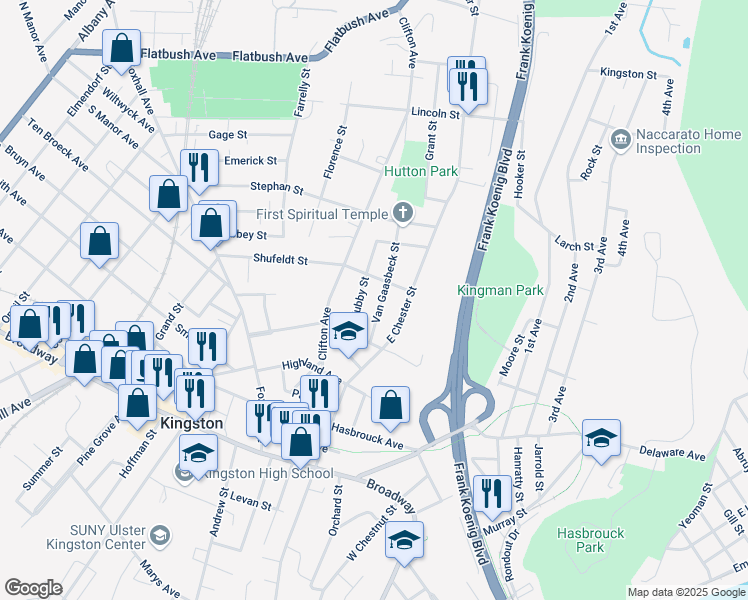 map of restaurants, bars, coffee shops, grocery stores, and more near 40-42 Van Gaasbeck Street in Kingston