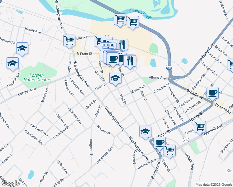 map of restaurants, bars, coffee shops, grocery stores, and more near 231 Wall Street in Kingston