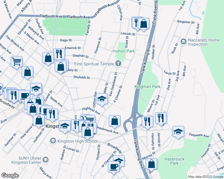 map of restaurants, bars, coffee shops, grocery stores, and more near 42 Van Gaasbeck Street in Kingston