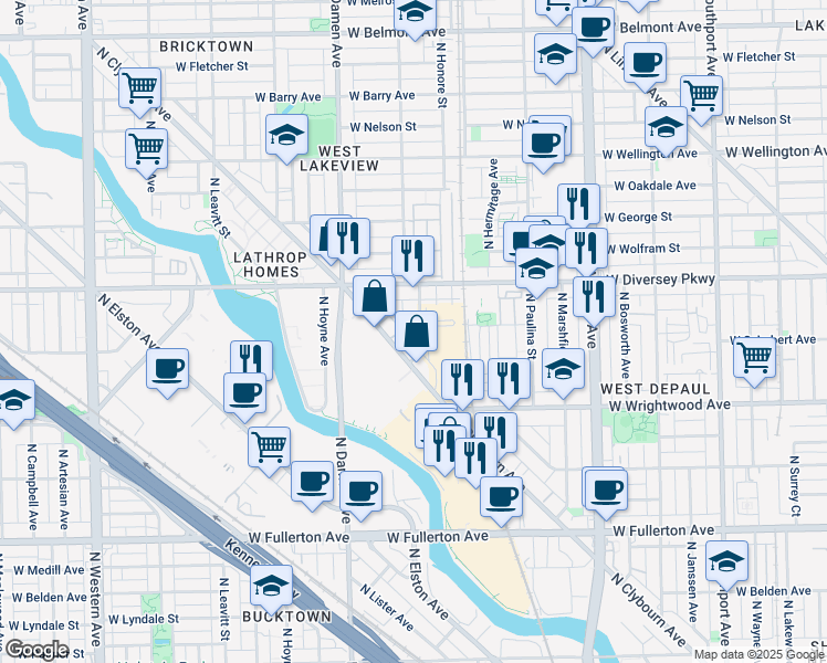 map of restaurants, bars, coffee shops, grocery stores, and more near 2736 North Wolcott Avenue in Chicago