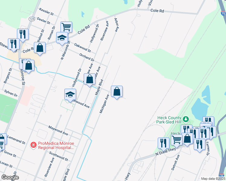 map of restaurants, bars, coffee shops, grocery stores, and more near 1305 Michigan Avenue in Monroe
