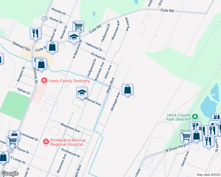 map of restaurants, bars, coffee shops, grocery stores, and more near 1253 Maple Avenue in Monroe
