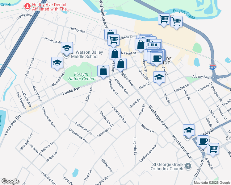 map of restaurants, bars, coffee shops, grocery stores, and more near 100 Emerson Street in Kingston