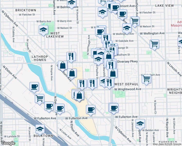 map of restaurants, bars, coffee shops, grocery stores, and more near 1725 West Schubert Avenue in Chicago