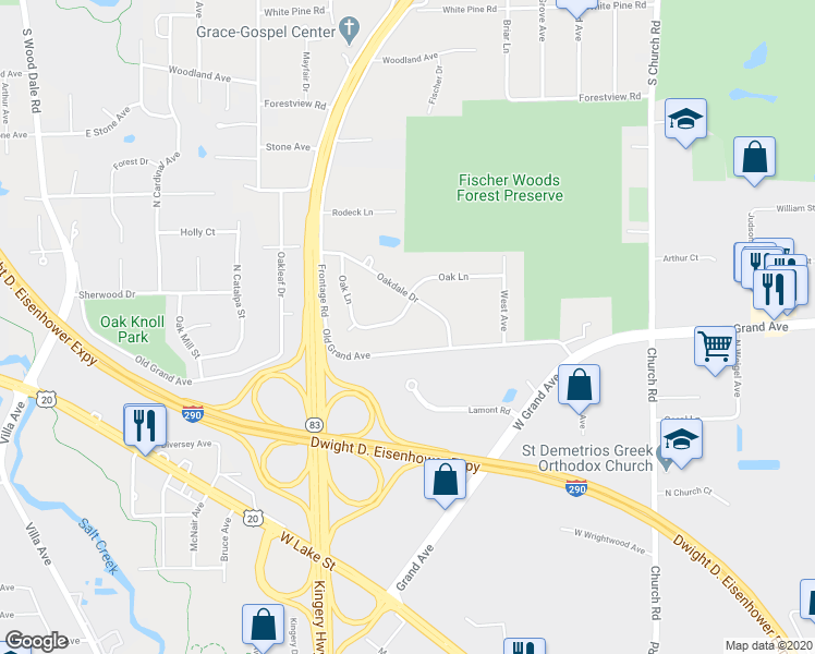 map of restaurants, bars, coffee shops, grocery stores, and more near 17W153 Oak Lane in Bensenville