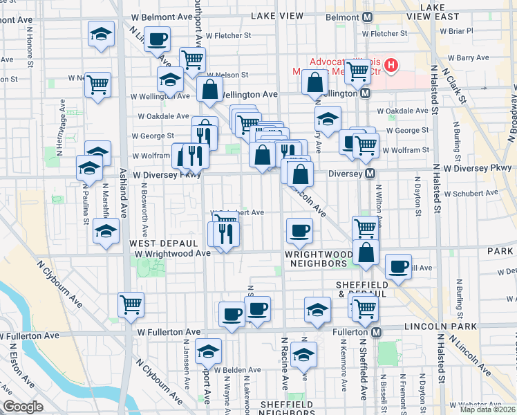 map of restaurants, bars, coffee shops, grocery stores, and more near 2702 North Magnolia Avenue in Chicago
