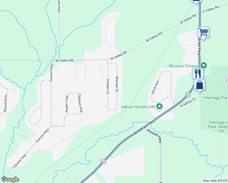 map of restaurants, bars, coffee shops, grocery stores, and more near 3284 Mardan Drive in Adrian