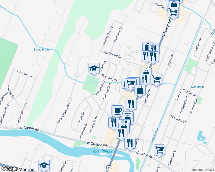 map of restaurants, bars, coffee shops, grocery stores, and more near 516 Donnalee Drive in Monroe