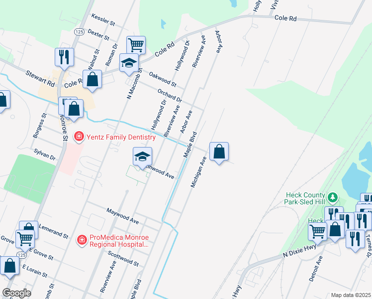 map of restaurants, bars, coffee shops, grocery stores, and more near 1253 Maple Avenue in Monroe