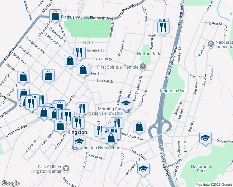 map of restaurants, bars, coffee shops, grocery stores, and more near 87 Clifton Ave in Kingston