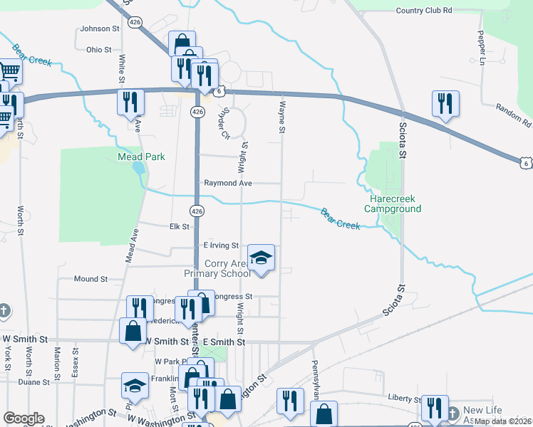 map of restaurants, bars, coffee shops, grocery stores, and more near 549 Wayne Street in Corry