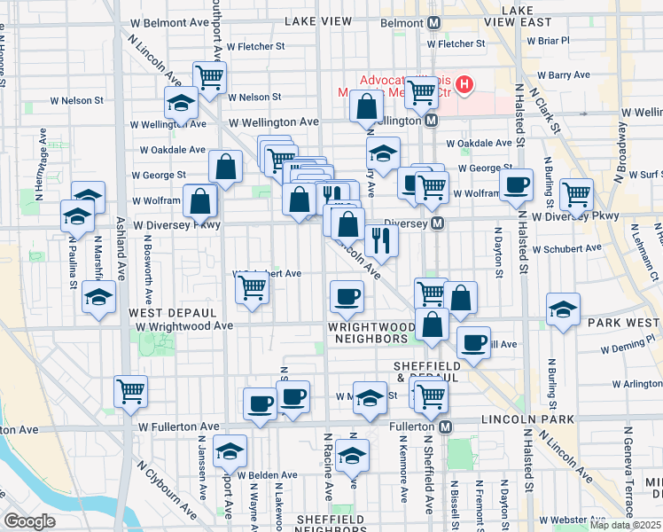 map of restaurants, bars, coffee shops, grocery stores, and more near 2707b North Racine Avenue in Chicago