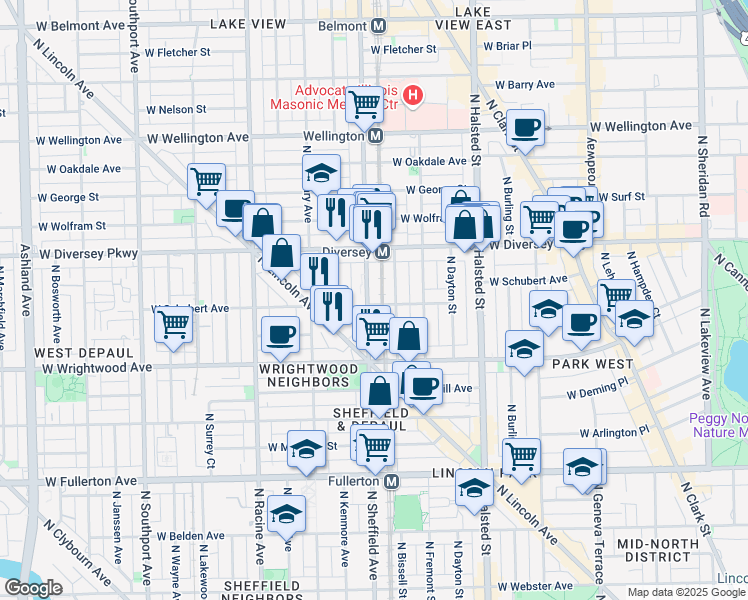 map of restaurants, bars, coffee shops, grocery stores, and more near 2704 North Sheffield Avenue in Chicago