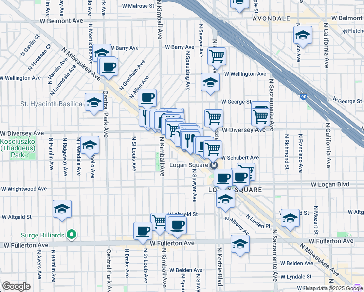 map of restaurants, bars, coffee shops, grocery stores, and more near N Milwaukee Ave & N Spaulding Ave in Chicago