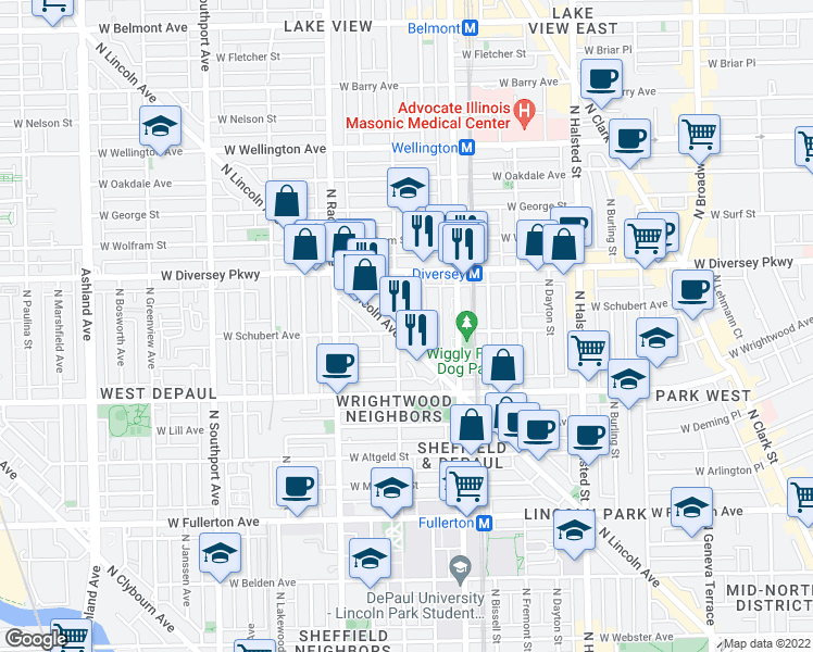 map of restaurants, bars, coffee shops, grocery stores, and more near 2719 North Seminary Avenue in Chicago