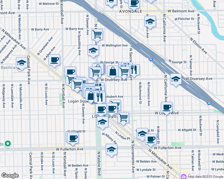 map of restaurants, bars, coffee shops, grocery stores, and more near 2724 North Albany Avenue in Chicago