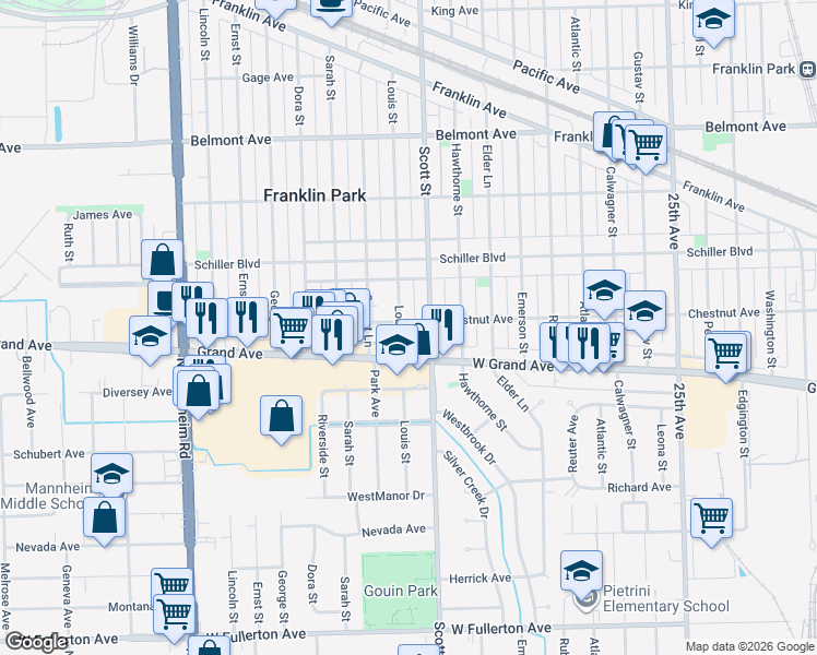 map of restaurants, bars, coffee shops, grocery stores, and more near 2849 Louis Street in Franklin Park