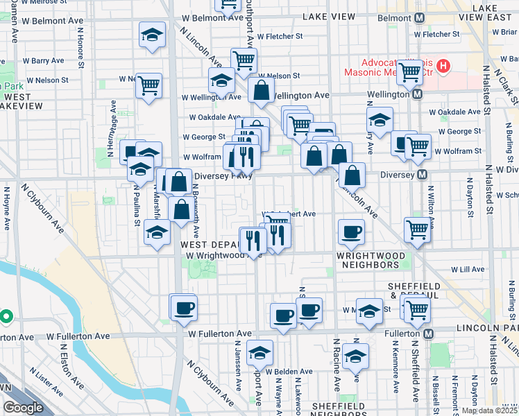 map of restaurants, bars, coffee shops, grocery stores, and more near 2709 North Southport Avenue in Chicago