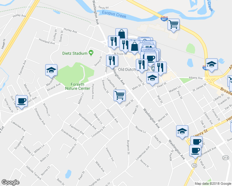 map of restaurants, bars, coffee shops, grocery stores, and more near 21 Lafayette Avenue in Kingston