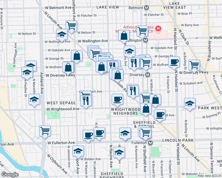map of restaurants, bars, coffee shops, grocery stores, and more near 2707 North Racine Avenue in Chicago