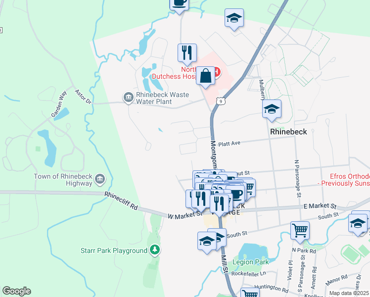 map of restaurants, bars, coffee shops, grocery stores, and more near 1 Village Green in Rhinebeck