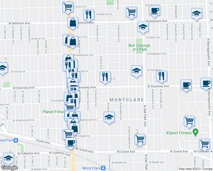 map of restaurants, bars, coffee shops, grocery stores, and more near 7000 West Diversey Avenue in Chicago
