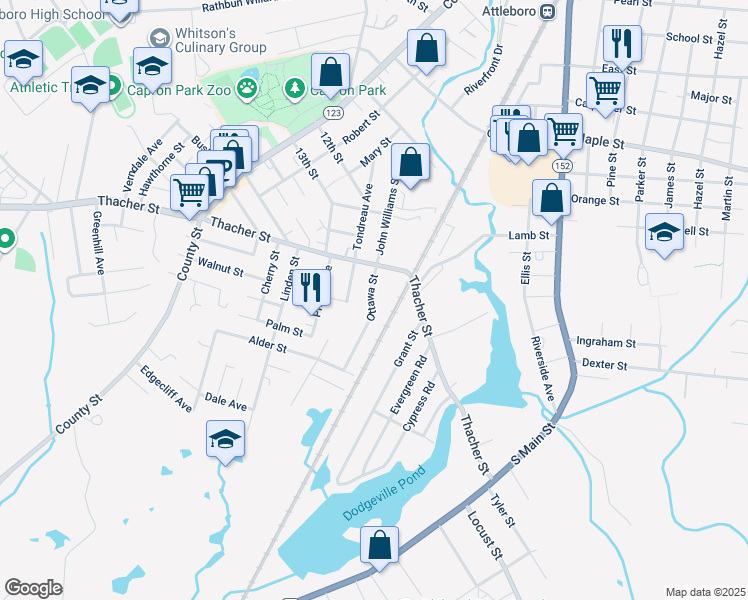 map of restaurants, bars, coffee shops, grocery stores, and more near 73 Branch Avenue in Attleboro