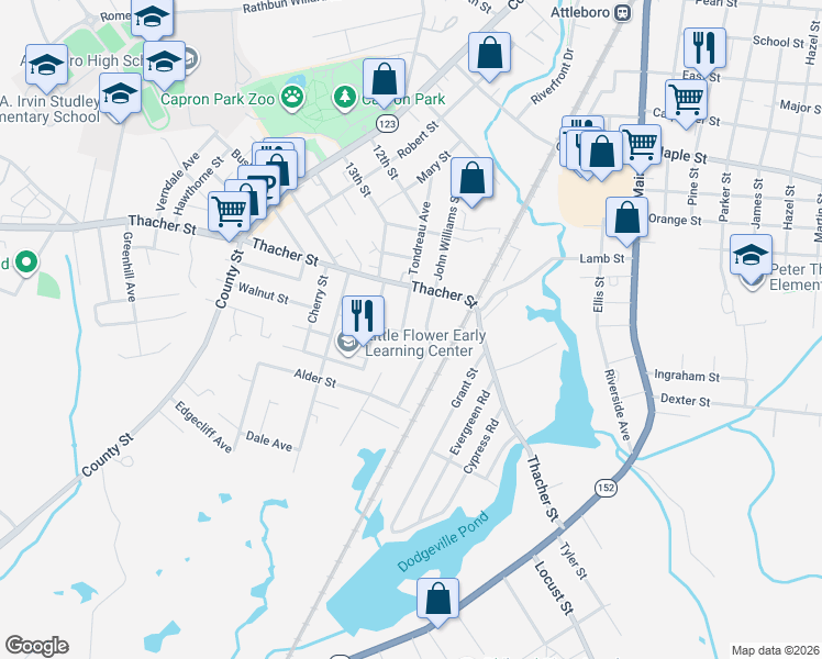 map of restaurants, bars, coffee shops, grocery stores, and more near 73 Branch Avenue in Attleboro
