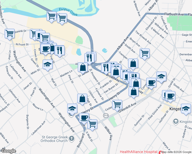 map of restaurants, bars, coffee shops, grocery stores, and more near 149 Prospect Street in Kingston