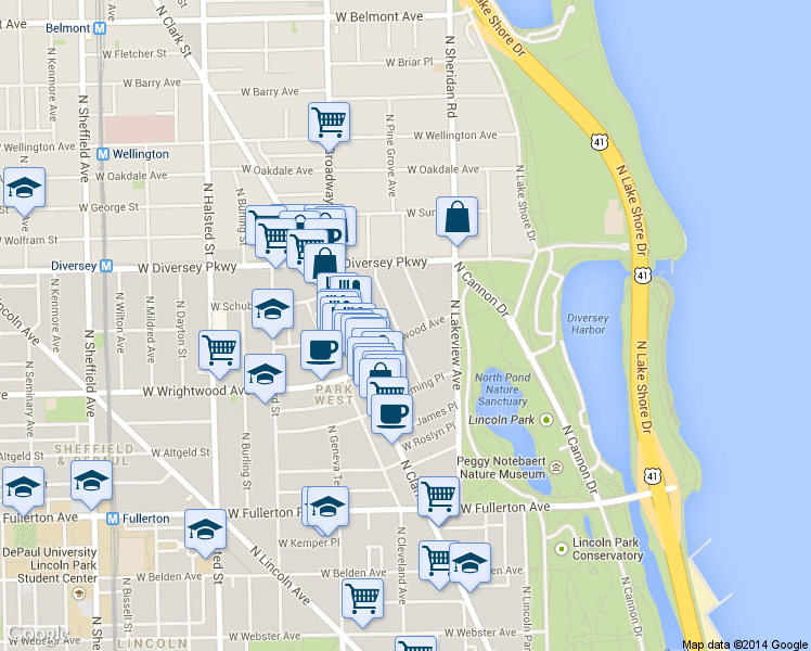 map of restaurants, bars, coffee shops, grocery stores, and more near 2714 North Hampden Court in Chicago