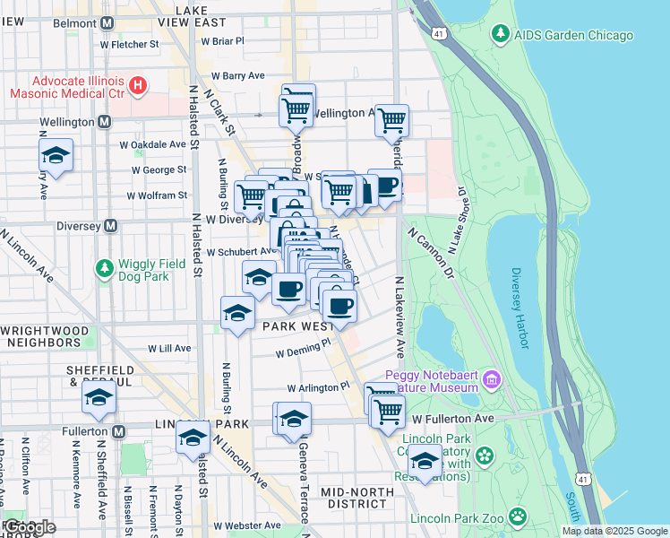 map of restaurants, bars, coffee shops, grocery stores, and more near 2714 North Hampden Court in Chicago
