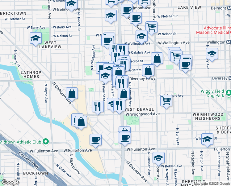 map of restaurants, bars, coffee shops, grocery stores, and more near 2713 North Marshfield Avenue in Chicago