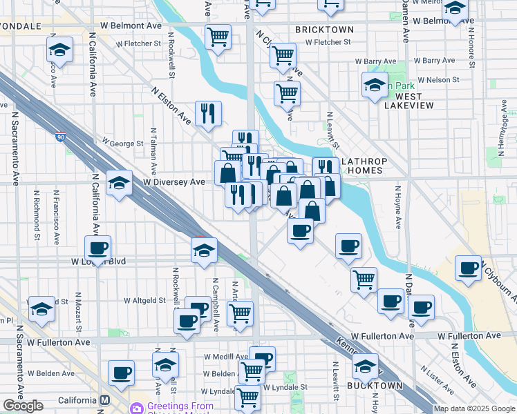 map of restaurants, bars, coffee shops, grocery stores, and more near 2318 West Schubert Avenue in Chicago