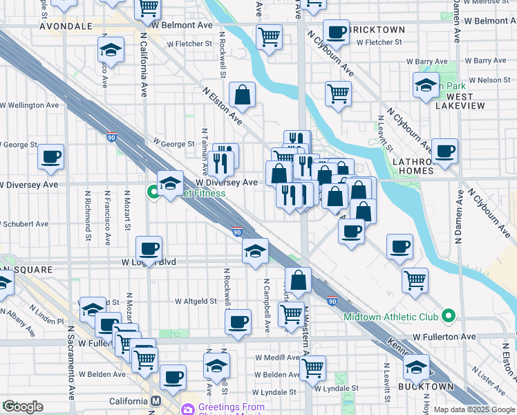 map of restaurants, bars, coffee shops, grocery stores, and more near 2721 North Campbell Avenue in Chicago