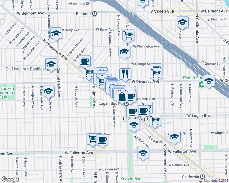 map of restaurants, bars, coffee shops, grocery stores, and more near 2716 North Sawyer Avenue in Chicago