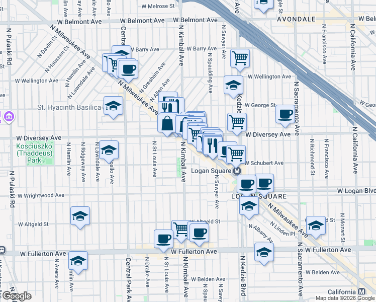 map of restaurants, bars, coffee shops, grocery stores, and more near 3407 West Parker Avenue in Chicago