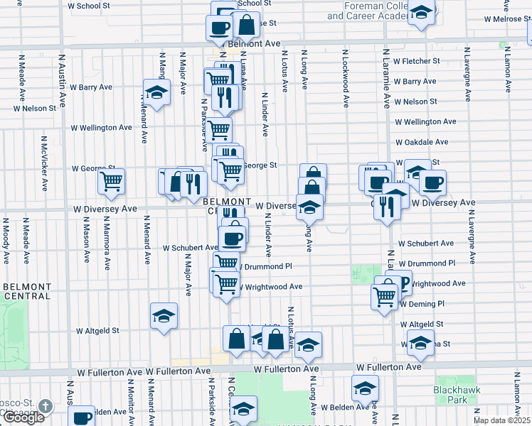 map of restaurants, bars, coffee shops, grocery stores, and more near 2757 North Linder Avenue in Chicago