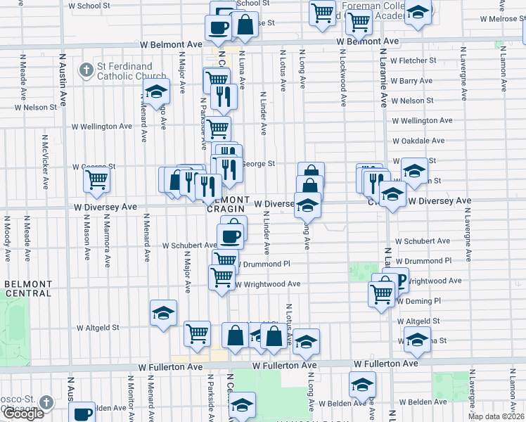 map of restaurants, bars, coffee shops, grocery stores, and more near 2757 North Linder Avenue in Chicago