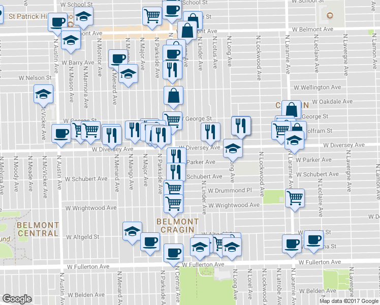 map of restaurants, bars, coffee shops, grocery stores, and more near 5525 West Diversey Avenue in Chicago
