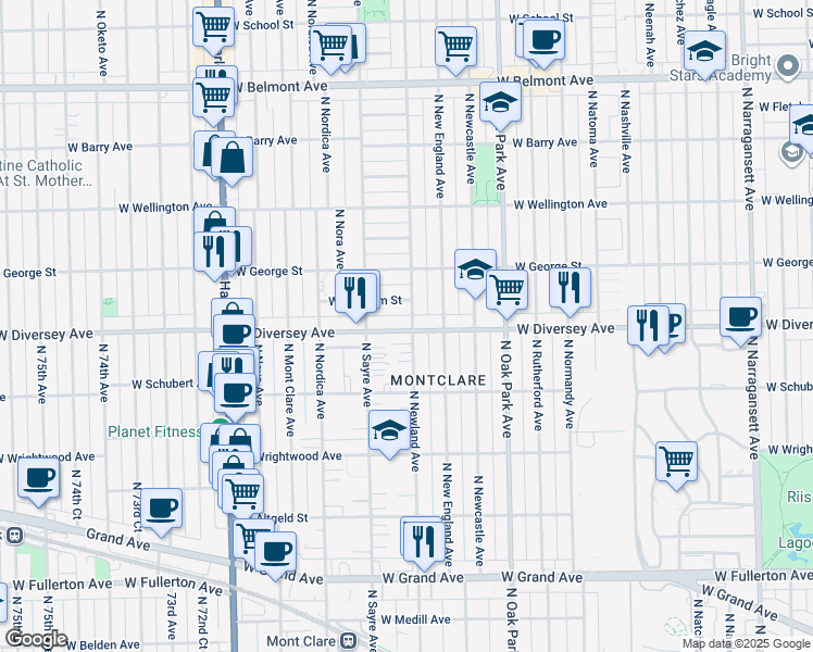 map of restaurants, bars, coffee shops, grocery stores, and more near 6940 West Diversey Avenue in Chicago