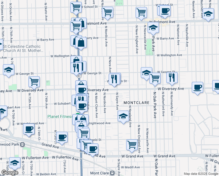 map of restaurants, bars, coffee shops, grocery stores, and more near 7036 West Diversey Avenue in Chicago