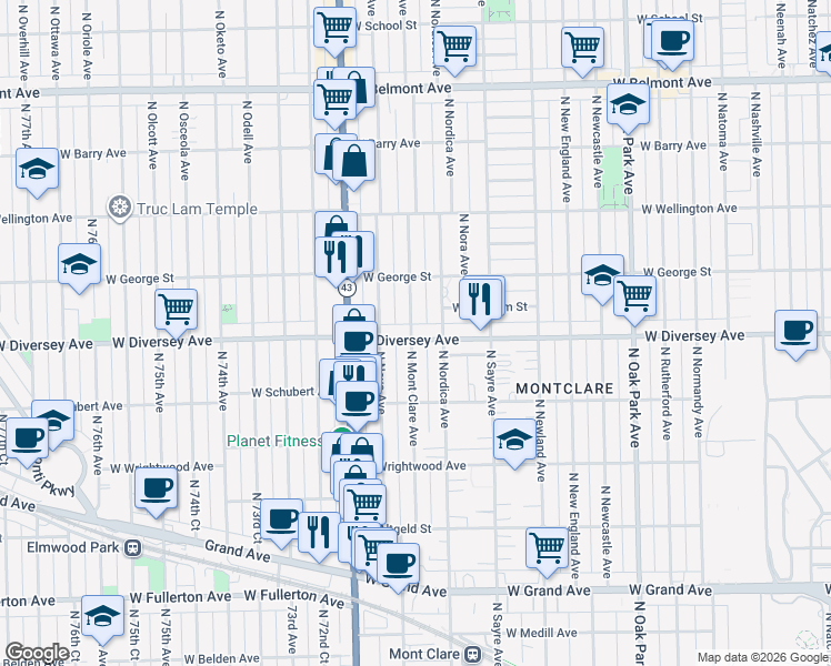 map of restaurants, bars, coffee shops, grocery stores, and more near 7074 West Diversey Avenue in Chicago