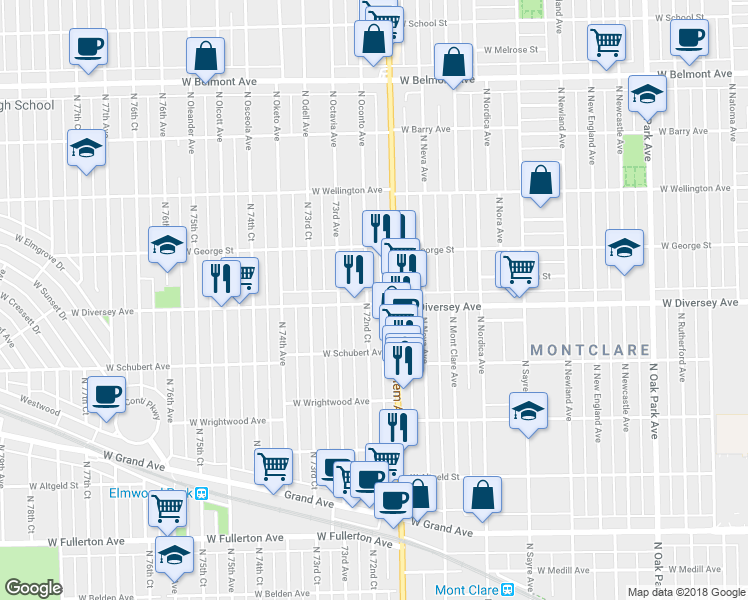 map of restaurants, bars, coffee shops, grocery stores, and more near 7210 West Diversey Avenue in Elmwood Park