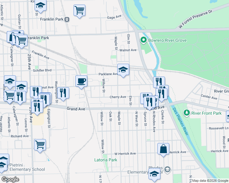 map of restaurants, bars, coffee shops, grocery stores, and more near 2834 Maple Street in Franklin Park