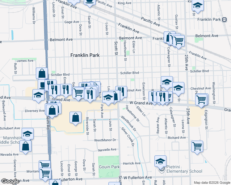 map of restaurants, bars, coffee shops, grocery stores, and more near 2849 Louis Street in Franklin Park