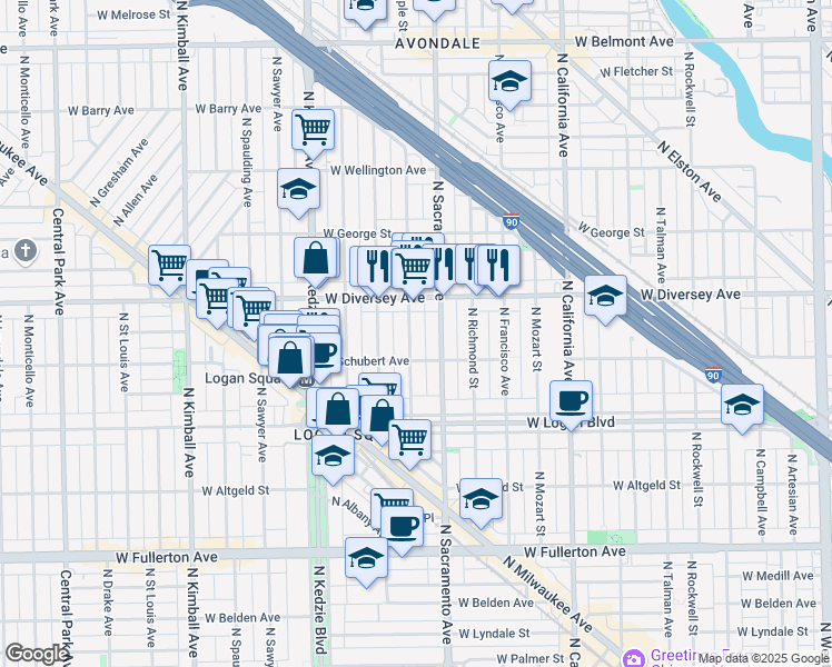 map of restaurants, bars, coffee shops, grocery stores, and more near 2725 North Whipple Street in Chicago