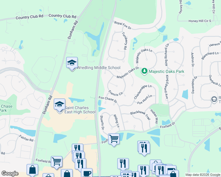 map of restaurants, bars, coffee shops, grocery stores, and more near 3021 Glacier Court in St. Charles